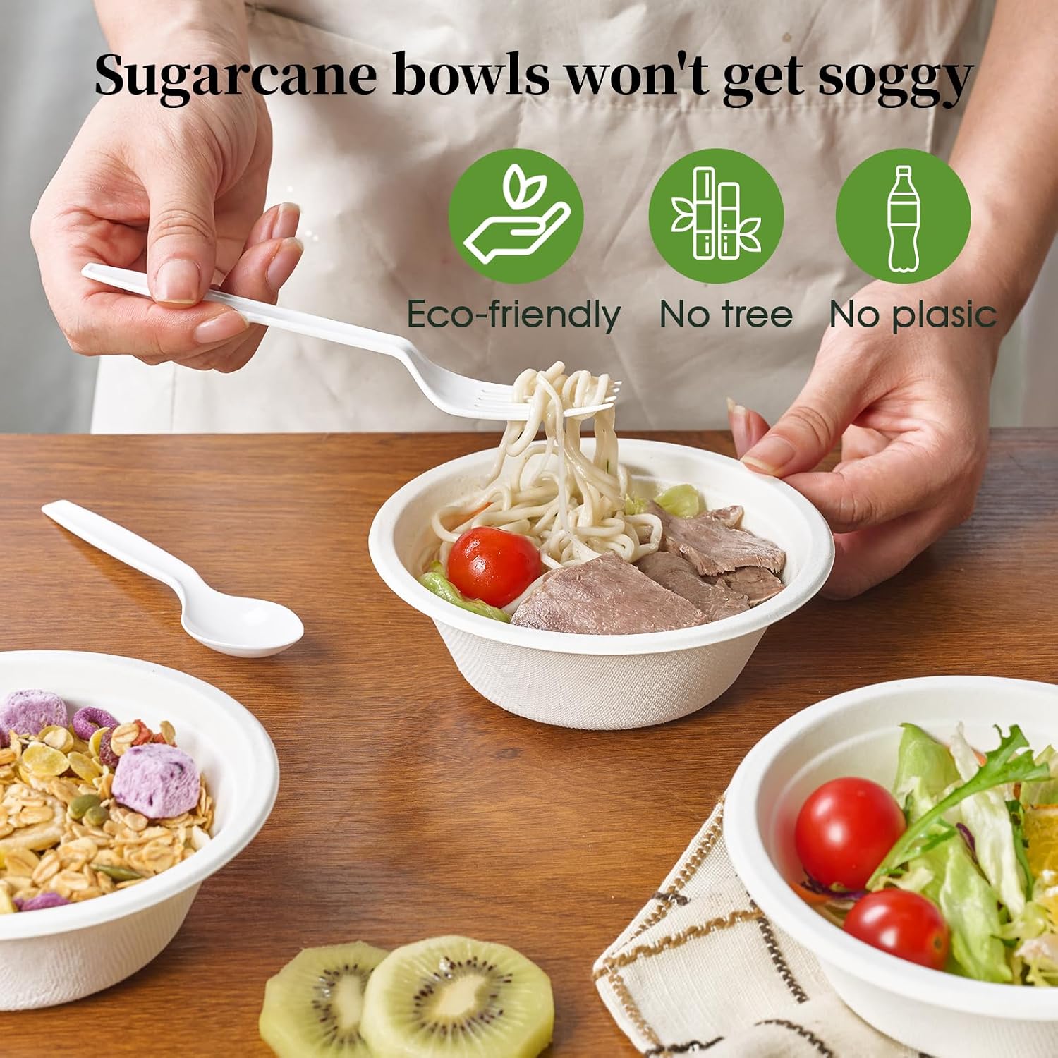 ECOLipak 150 Pack 12 oz Paper Bowls Disposable  Heavy-Duty Biodegradable Compostable Bowls Made of Natural Sugarcane Bagasse  Suitable for Salad  Dessert  Milk  Cereals