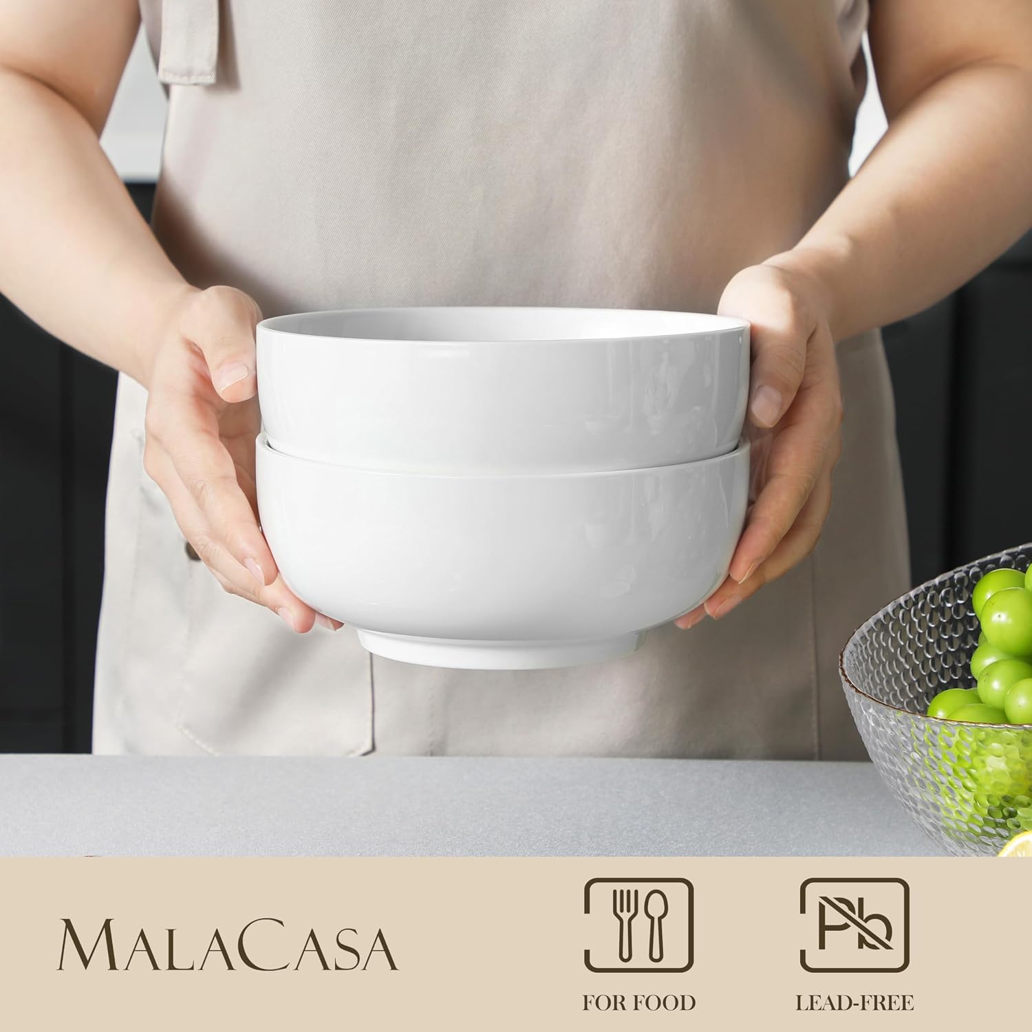 MALACASA Salad Bowls Set  44 OZ (7") Large Soup Bowls Cereal Bowl for Kitchen  White Ceramic Bowls Set of 2  Dishwasher & Microwave Safe Series REGULAR