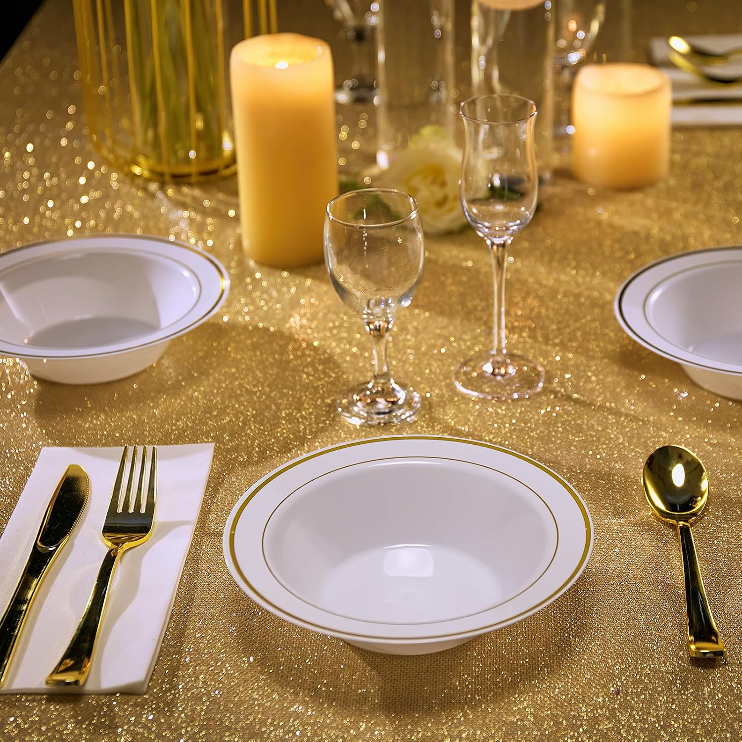 JOLLY PARTY 50PCS Plastic Bowls with Gold Rim-12oz disposable Soup Bowls  Christmas Thanksgiving Premium Dessert Salad Bowl for Wedding/Party
