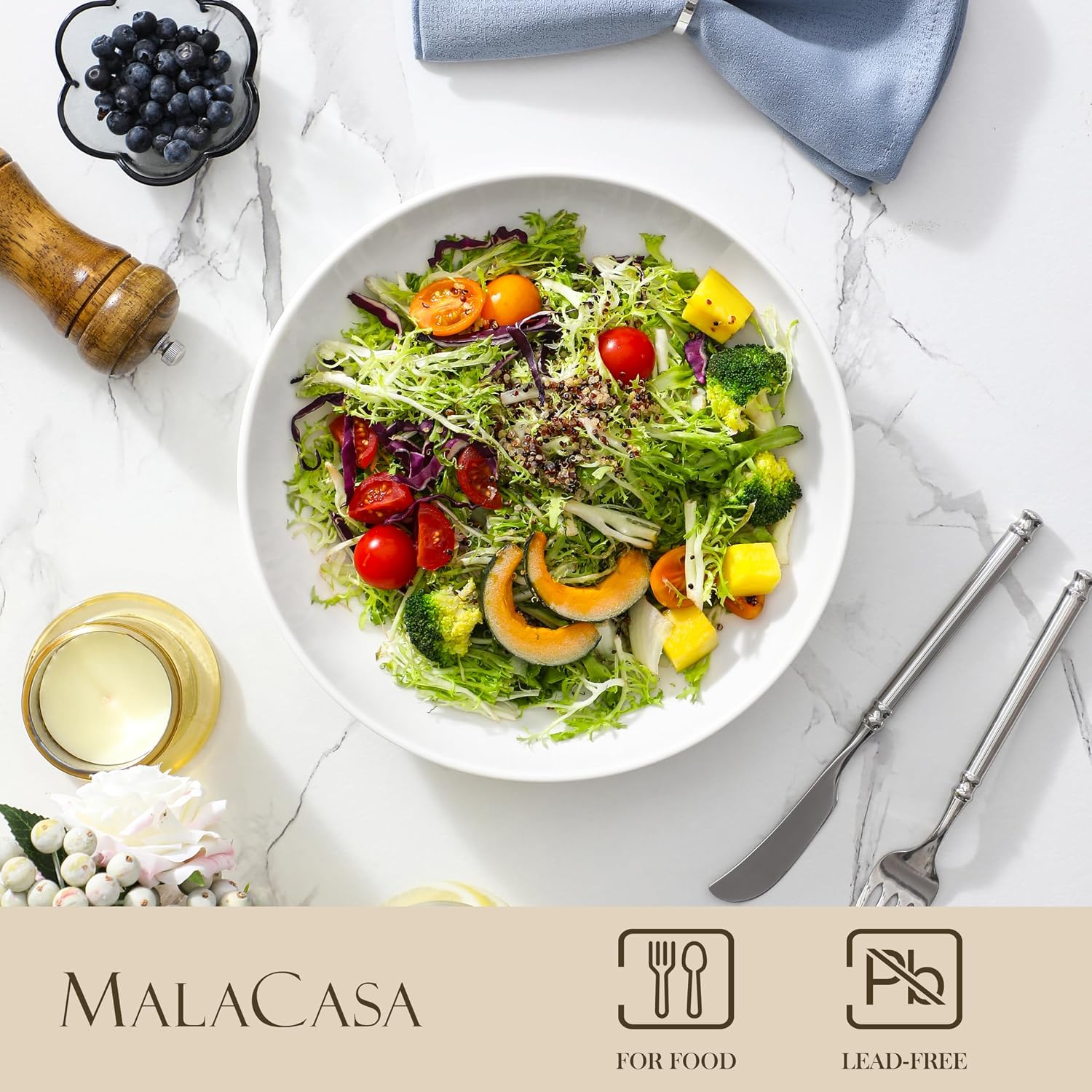 MALACASA 10" Large Pasta Bowls  56 OZ White Salad Bowls Soup Bowls  Porcelain Serving Bowls Set of 4  Large Kitchen Bowl Plates Pasta Plates  Microwave & Dishwasher Safe  Series REGULAR