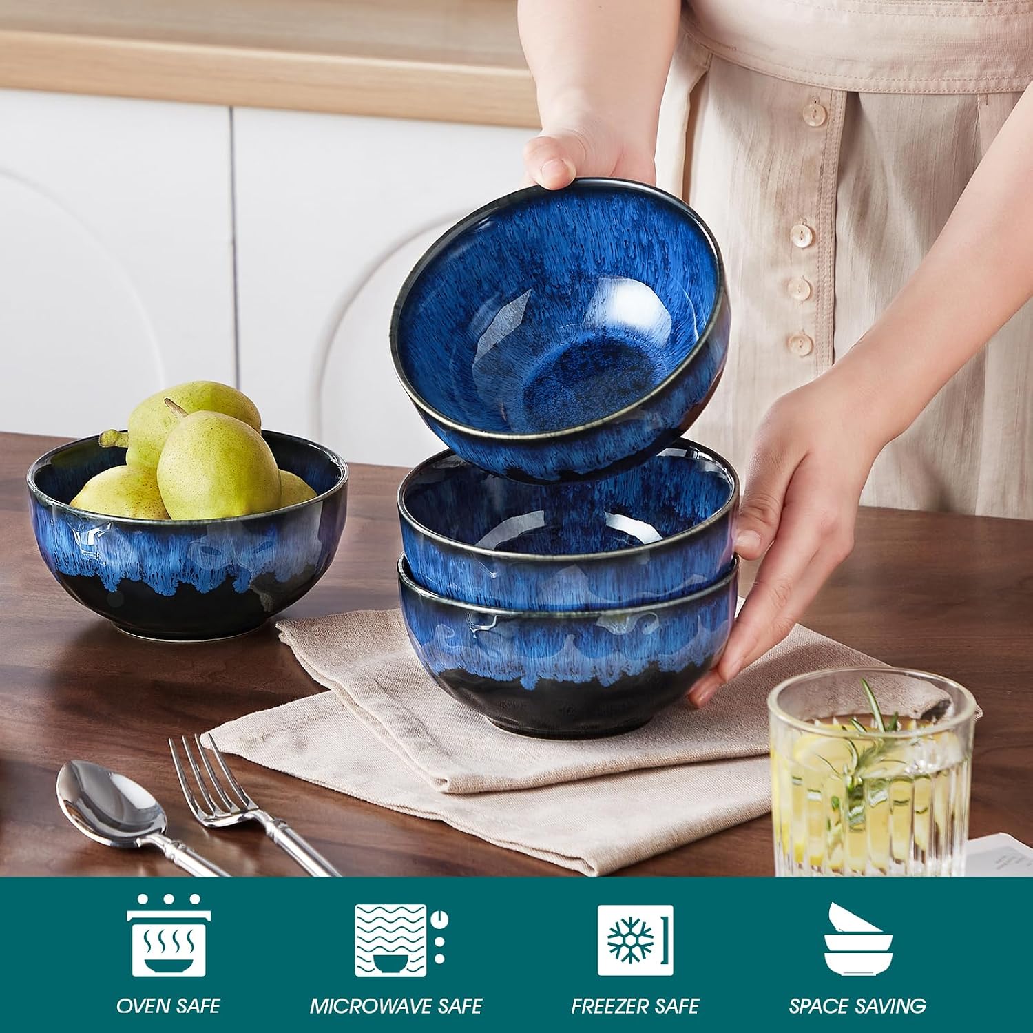 vancasso Starry 24oz Bowls for Soup  Ceramic Soup Bowls Set of 4  Blue Cereal Bowls Set for Kitchen  Salad Bowls Set  Pasta Oatmeal Bowls  Lead-free  Dishwasher & Microwave Oven Safe  Blue