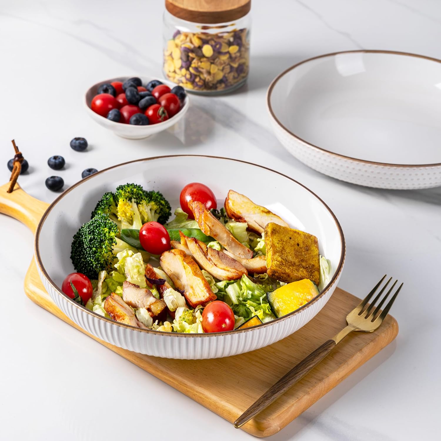 GBHOME 9.5'' Large Pasta Bowls  42 Ounce Stoneware Salad Bowls for Kitchen  Ceramic Serving Bowls With Textured Pattern for Pasta Fruit  Stews Noodle  House-warming Gift Set of 4-Off White