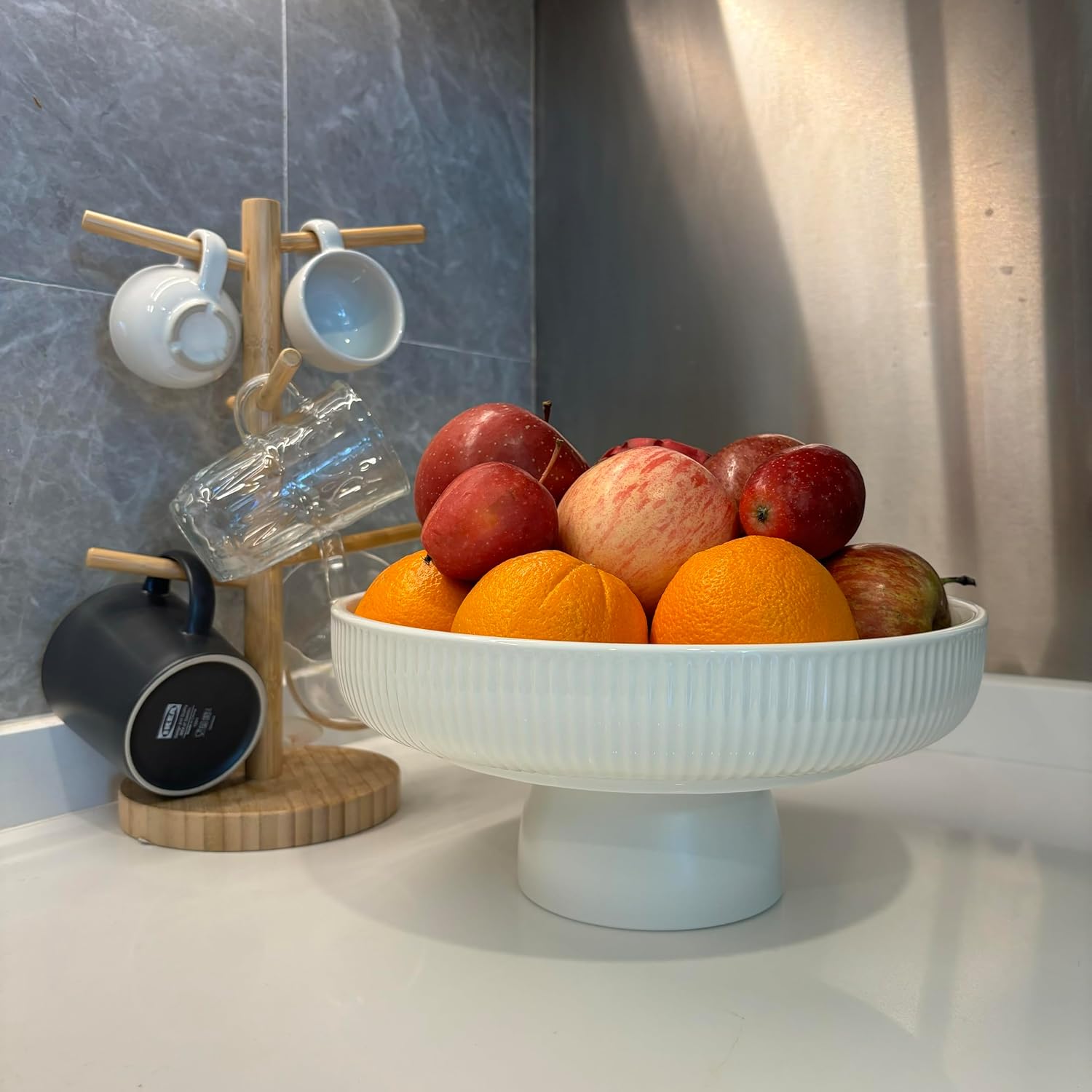 Ceramic Fruit Bowl 11" Decorative Bowl  Large Fruit Bowl for Kitchen Counter  Pedestal Bowl  Kitchen Counter Décor  Bread Candy Snacks Organizer  White (5.3 lbs  68oz)