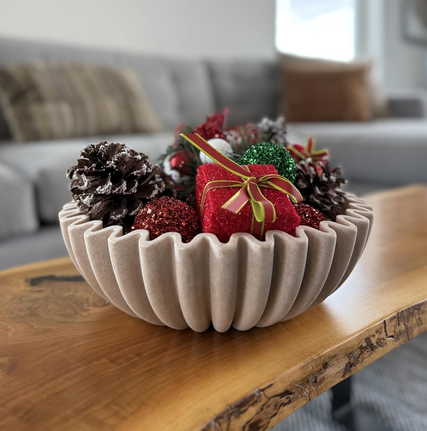 12" Extra Large Decorative Bowl – Decorative Fruit Bowl for Kitchen Counter  Modern Handmade Bowls for Home Decor  Ruffle Decor  Stylish Key Bowl for Entryway Table  Beige Artificial Stone