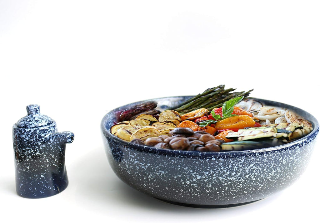 Extra Large Salad Serving Bowl  11 inch. Big Ceramic Navy Dark Blue Pasta bowl Plus Oil Bottle. 95 oz. Beautiful And Elegant Huge Design. Giant Mixing and Fruit Bowls