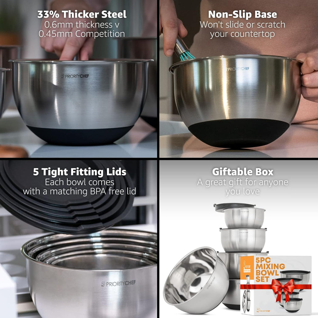 Priority Chef Premium Mixing Bowls With Lids Set  Airtight Lids  Thicker Stainless Steel  Non-Slip Base  5 Nesting Steel Bowls for Kitchen  Large Prep Metal Bowl Set 1.5/2/3/4/5 Qt  Black