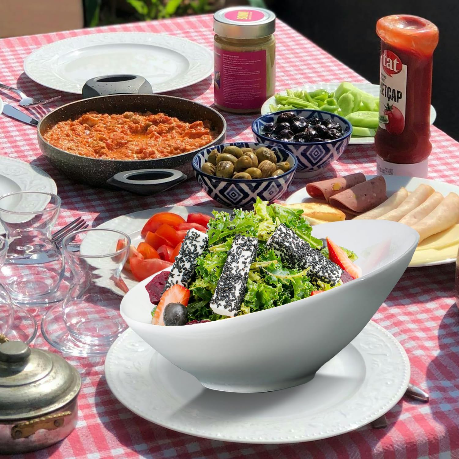 2 Pack Angled Serving Bowls 26oz /770ml Ceramic Salad Bowls Set Porcelain Serving Bowls White Slanted Bowl for Salad  Soup  Pasta  Fruit  Cereal