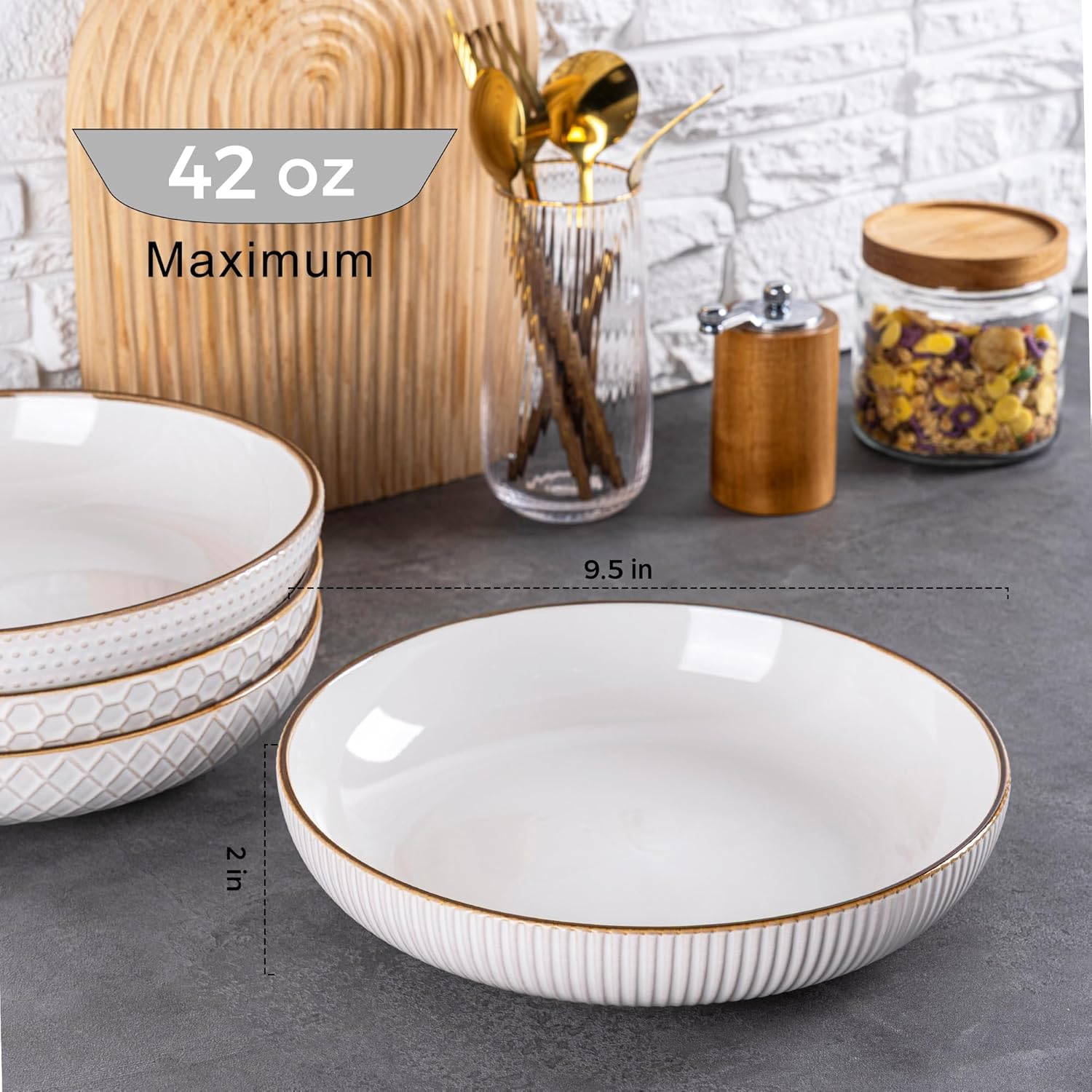 GBHOME 9.5'' Large Pasta Bowls  42 Ounce Stoneware Salad Bowls for Kitchen  Ceramic Serving Bowls With Textured Pattern for Pasta Fruit  Stews Noodle  House-warming Gift Set of 4-Off White
