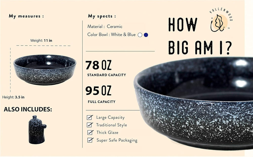 Extra Large Salad Serving Bowl  11 inch. Big Ceramic Navy Dark Blue Pasta bowl Plus Oil Bottle. 95 oz. Beautiful And Elegant Huge Design. Giant Mixing and Fruit Bowls