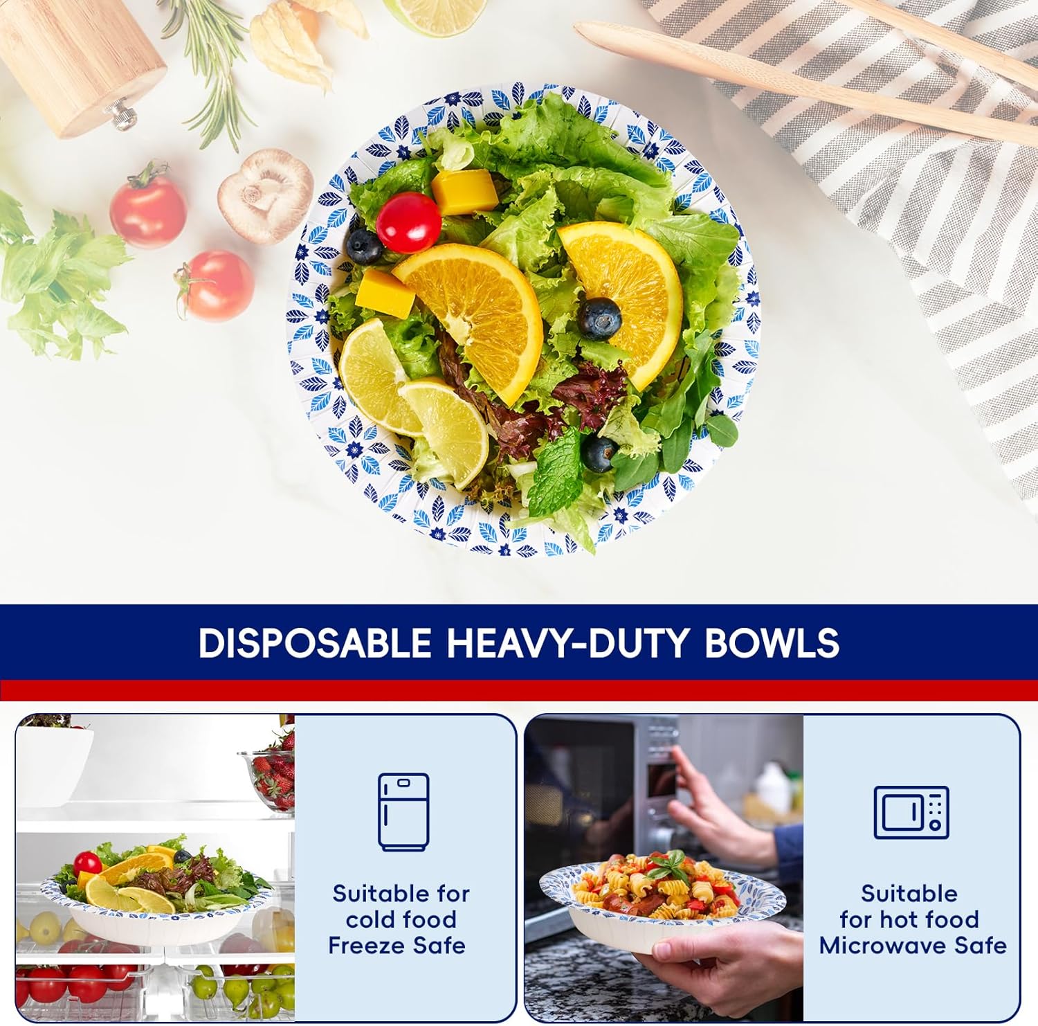 JOLLY CHEF 160 Count Paper Bowls 20 oz Soak Proof  Heavy Duty Printed Disposable Bowls Bulk for Dinner or Lunch