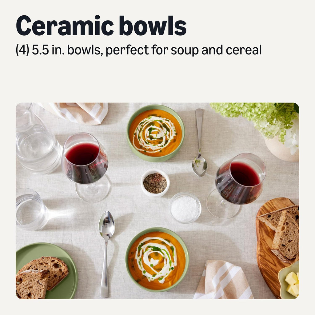 Amazon Basics Glazed Stoneware Bowls  Ceramic 4-Piece Set  Dishwasher-Safe  5.5 in.  Olive