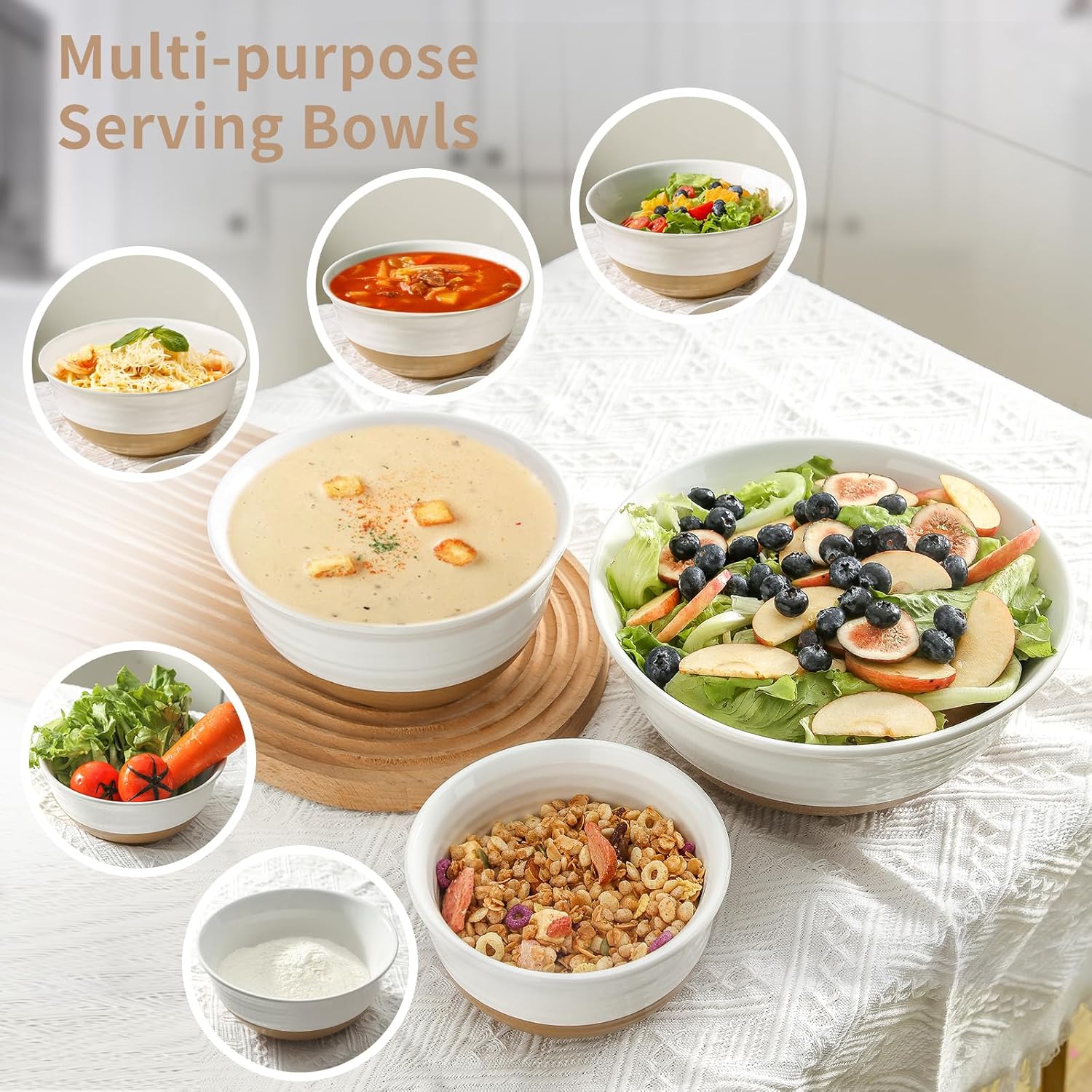 HASENSE Serving Bowls Ceramic Mixing Bowls  Large Salad Pasta Bowls Set  2.1/1.0/0.5 Qt for Entertaining  White Nesting Batter Bowls for Prepping Baking  Dishwasher Microwave Safe  Set of 3