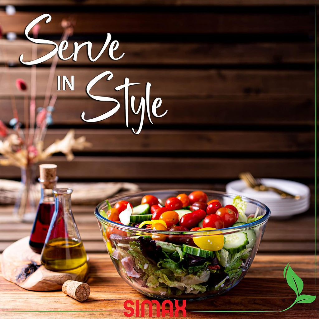 SIMAX 2.6 Quart Glass Mixing Bowl  Large Microwave & Oven Safe Bowl  Borosilicate Serving Bowl for Kitchen  Cooking  Baking  Salad - Clear