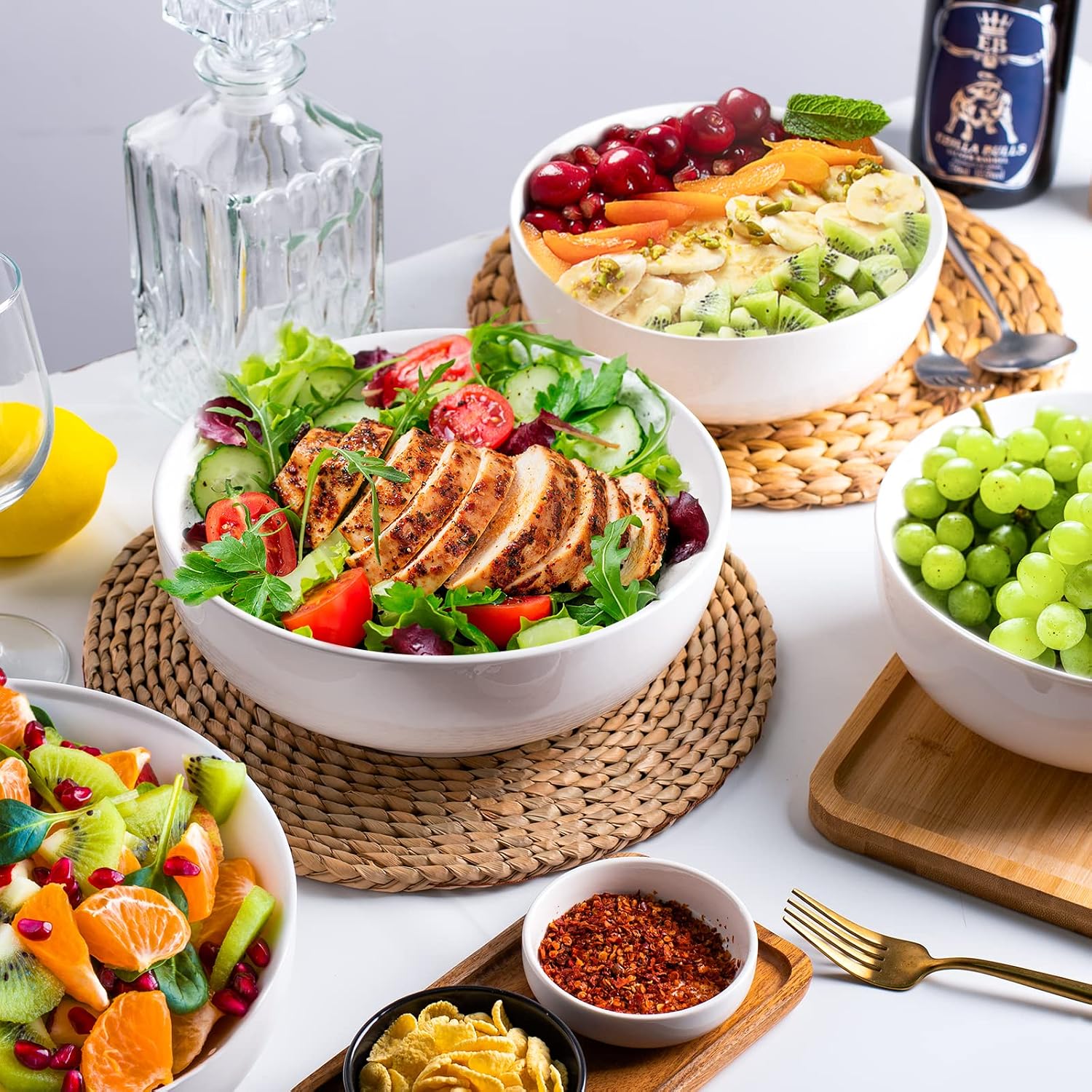 DELLING 60 Oz Large Serving Bowls Set  8" White Soup Bowls Salad Bowls Serving for Kitchen  Ceramic Mixing Bowls For Eating Pasta  Noodle  Fruit Vegetable  Ramen  Microwave & Dishwasher Safe  3 Pack