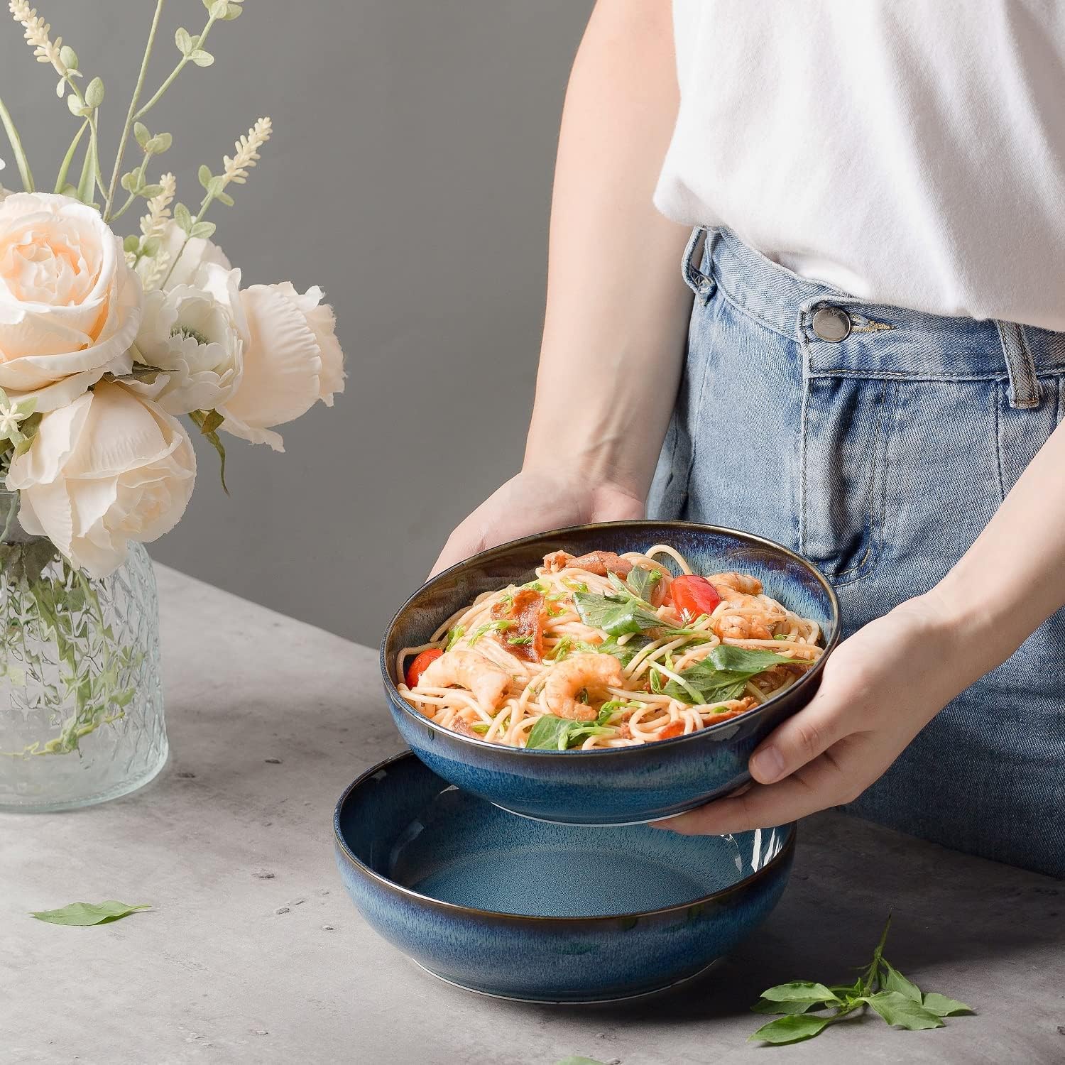 30oz Ceramic bowls set of 4-8" serving bowls for Kitchen Pasta Salad-Dishwasher & Microwave Safe Perfect for Housewarming  Thanksgiving  Christmas-Royal Blue
