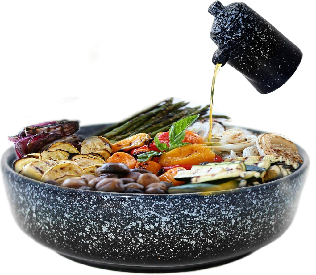 Extra Large Salad Serving Bowl  11 inch. Big Ceramic Navy Dark Blue Pasta bowl Plus Oil Bottle. 95 oz. Beautiful And Elegant Huge Design. Giant Mixing and Fruit Bowls