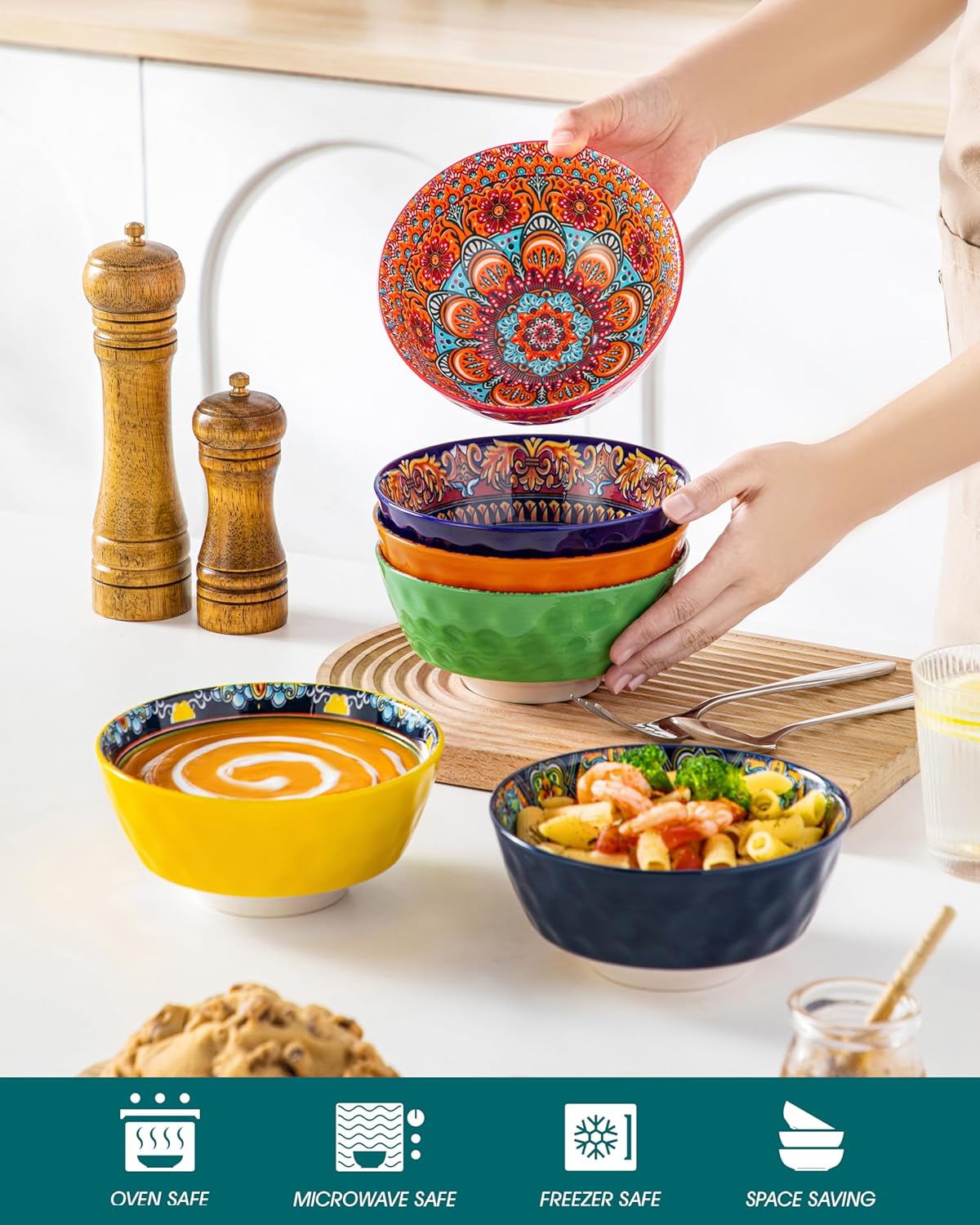 vancasso 26oz Cereal Bowls Set of 6  Boho Ceramic Soup Bowls with Colorful Bohemian Pattern  Microwave & Dishwasher Safe Serving Bowls for Salad  Oatmeal  Pasta  KRVI Series