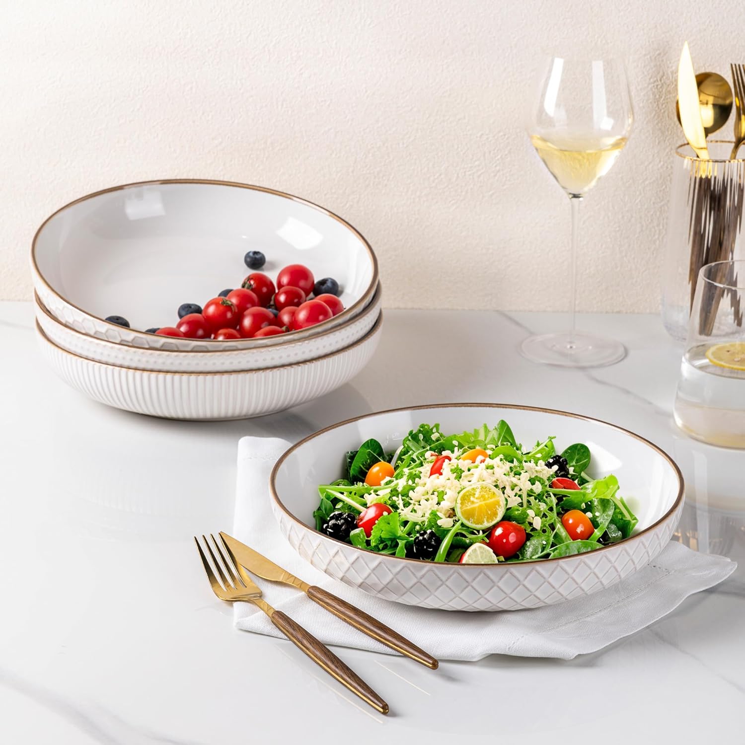 GBHOME 9.5'' Large Pasta Bowls  42 Ounce Stoneware Salad Bowls for Kitchen  Ceramic Serving Bowls With Textured Pattern for Pasta Fruit  Stews Noodle  House-warming Gift Set of 4-Off White