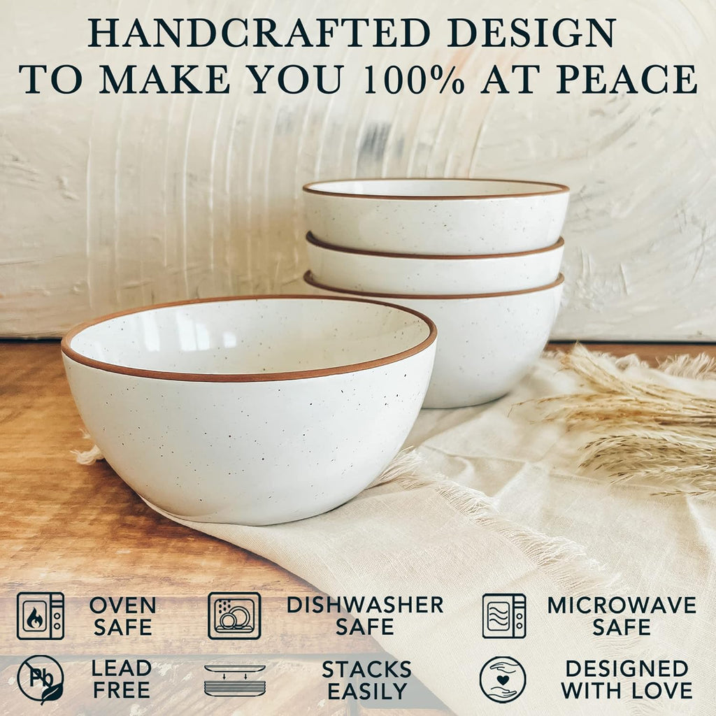 Mora Ceramic Bowls For Kitchen  28oz - Bowl Set of 4 - For Cereal  Salad  Pasta  Soup  Dessert  Serving etc - Dishwasher  Microwave  and Oven Safe - For Breakfast  Lunch and Dinner - Vanilla White