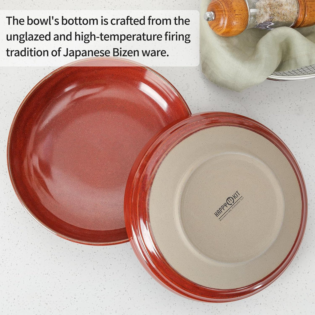 HAPPY KIT 9'' Pasta Bowls  42oz Pasta Bowls Set of 4  Large Salad Bowl  Ceramic Serving Bowls Double Reactive Glaze  Ideal for Housewarming  Festivals  Microwave Safe (Dark Ruby)