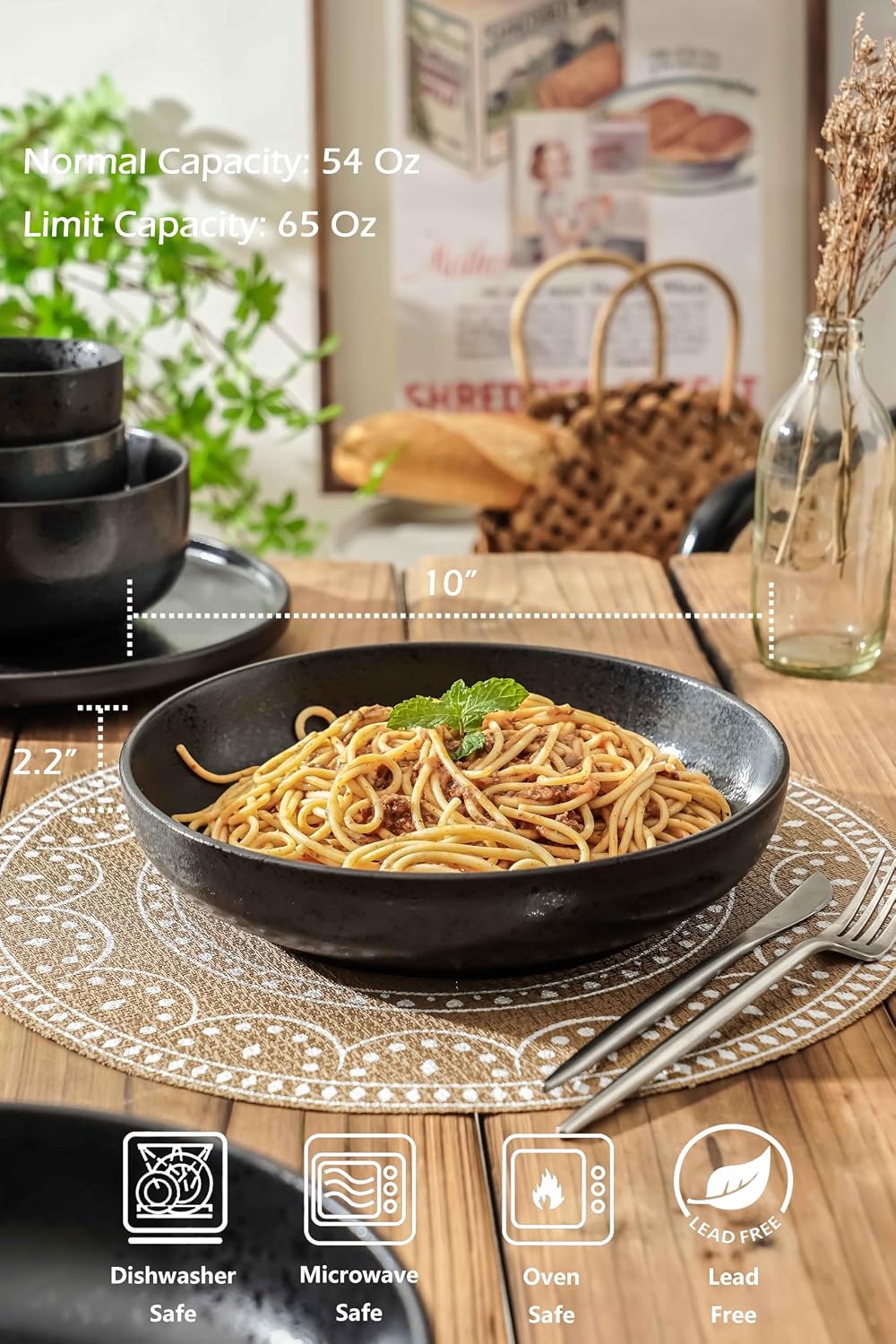 S&Q'S CERAMICS Large Pasta Bowls  65 ounce Large Salad Bowls Set of 4  10'' Ceramic Wide Shallow Bowl Plates  Large Serving Bowls for Fruit  Party Entertaining  Microwave Safe(Black and Grey)