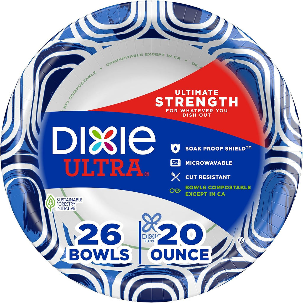 Dixie Ultra  Large Paper Bowls  20 Oz  26 Count  Microwave Safe  Compostable  Disposable Bowls Great For Breakfast  Lunch  And Dinner Meals