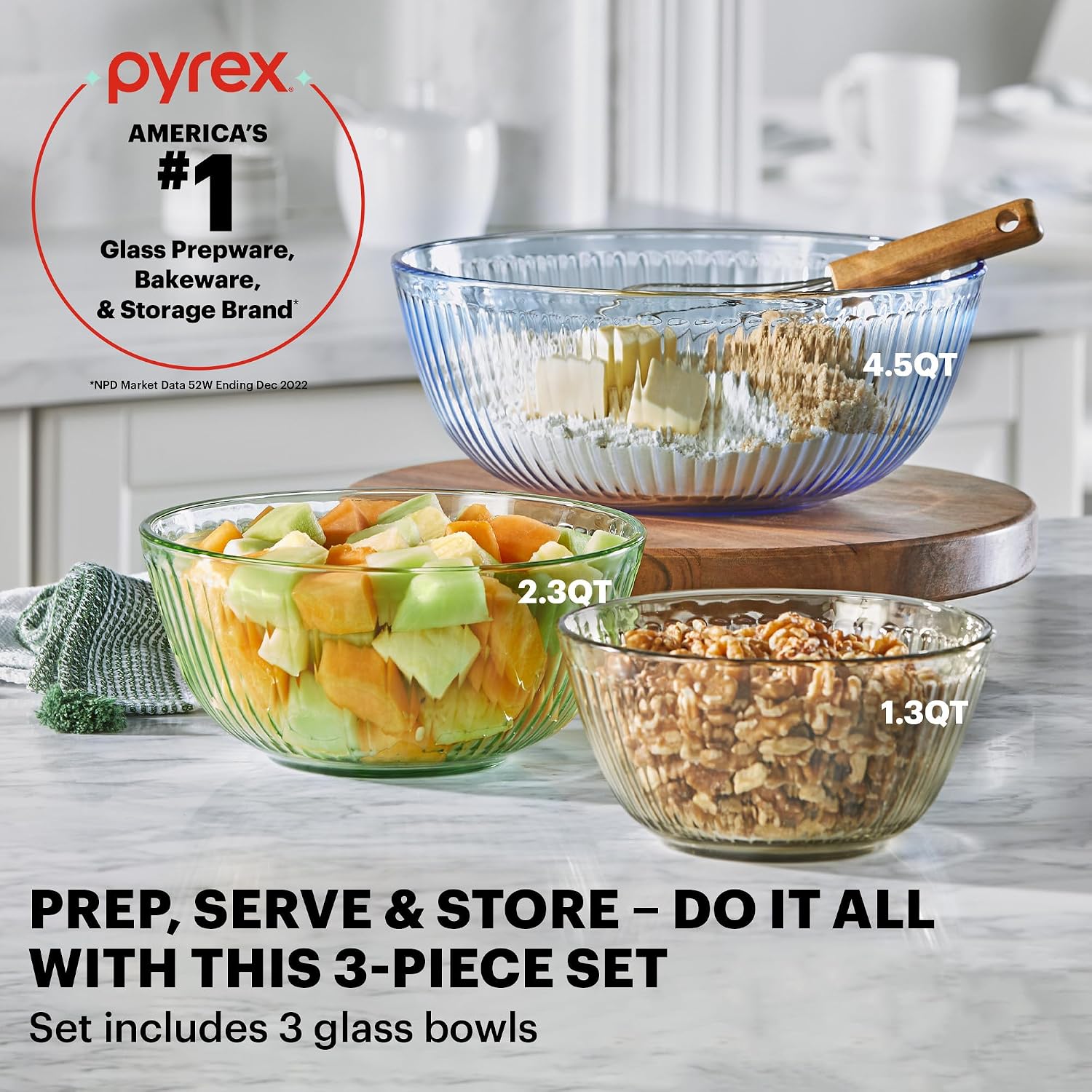Pyrex Colors Tinted (3-Pack  Full Set) Sculpted Tinted Glass Mixing Bowls With Lids  Nesting Space Saving Set of Bowls For Prepping and Baking  1.3QT  2.3QT & 4.5Q