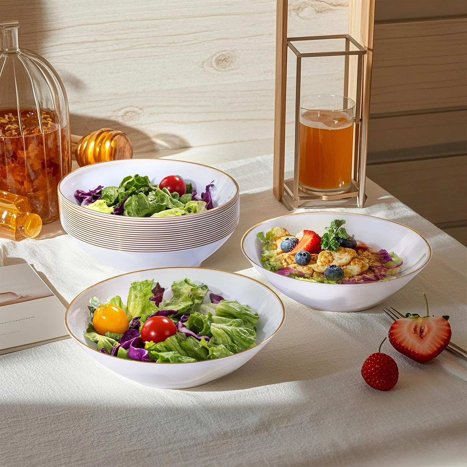 I00000 16 Oz 50 Count White Disposable Soup Bowls with Gold Rim  Plastic Bowls Disposable Premium Heavyweight Elegant Plastic Salad Bowl for Party