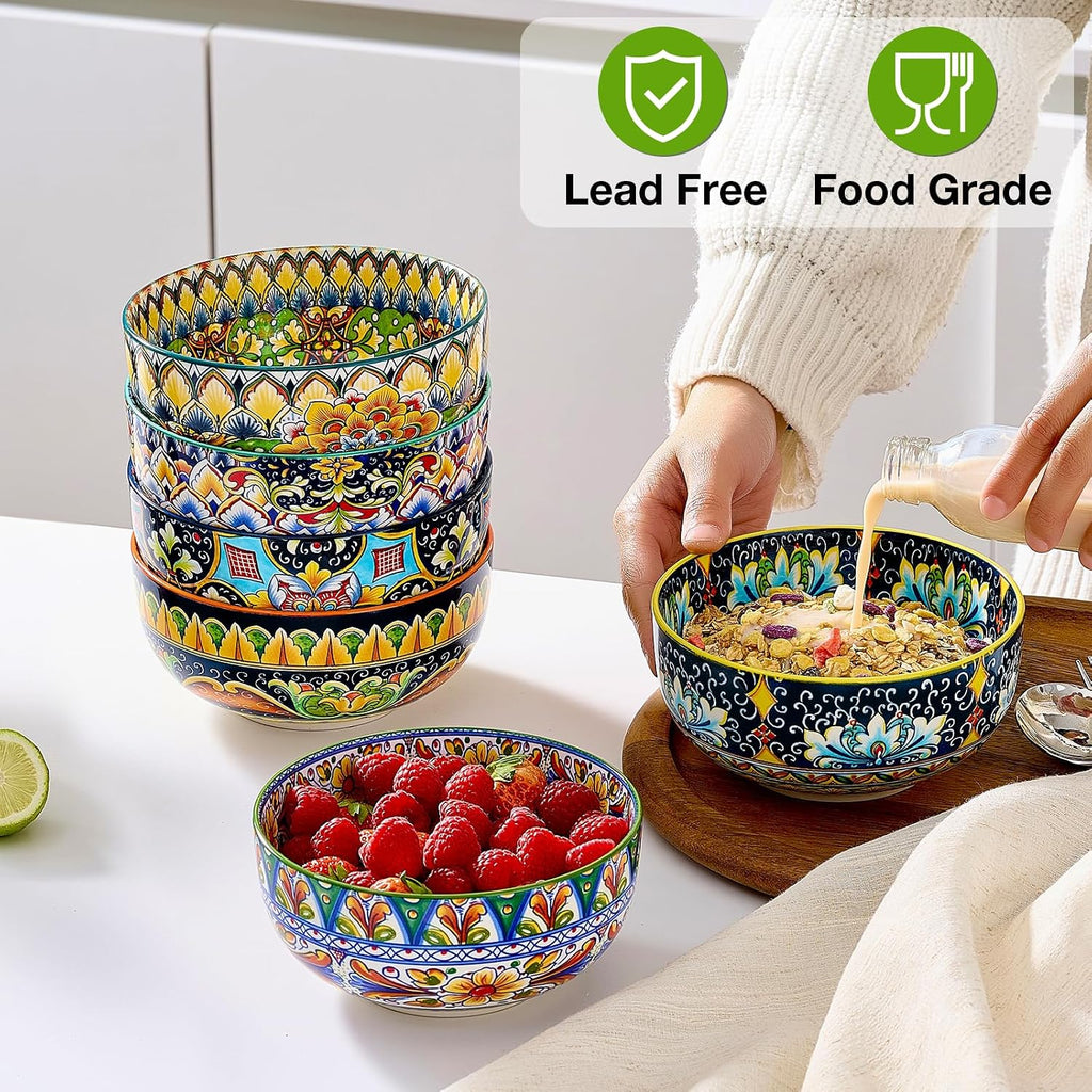 Ceramic Cereal Bowls Set of 6  28 oz Bohemian Soup Bowl  Colorful Bowls Set for Kitchen  Dessert Bowls for Salad  Pasta  Oatmeal  Ramen  Oatmeal  Fruit  Dishwasher & Microwave Safe