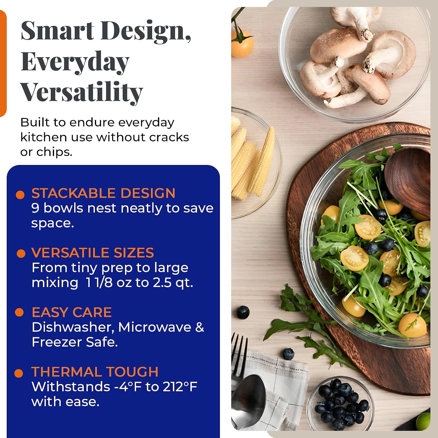 Duralex Le Gigogne Glass Mixing Bowl Set – 9-Piece Clear Stackable Prep Bowls Made of Durable Glass