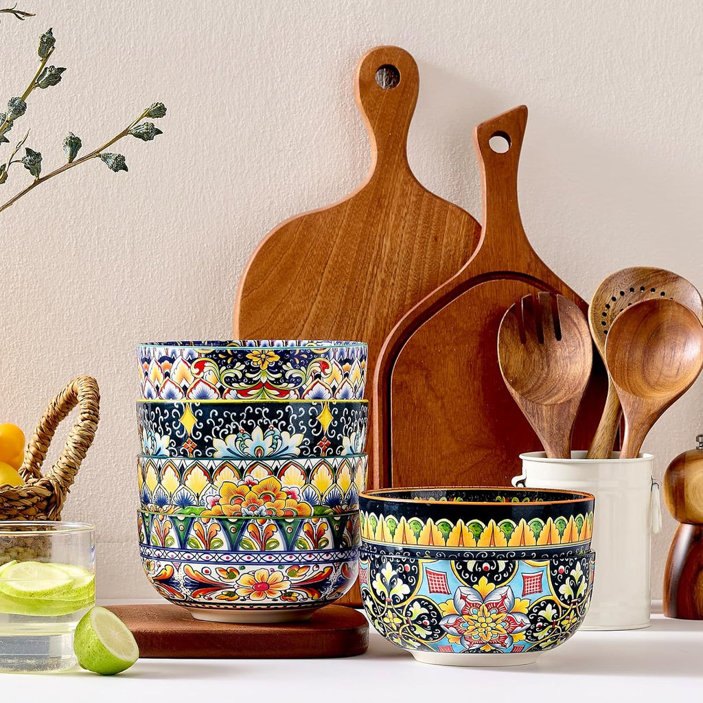 Ceramic Cereal Bowls Set of 6  28 oz Bohemian Soup Bowl  Colorful Bowls Set for Kitchen  Dessert Bowls for Salad  Pasta  Oatmeal  Ramen  Oatmeal  Fruit  Dishwasher & Microwave Safe