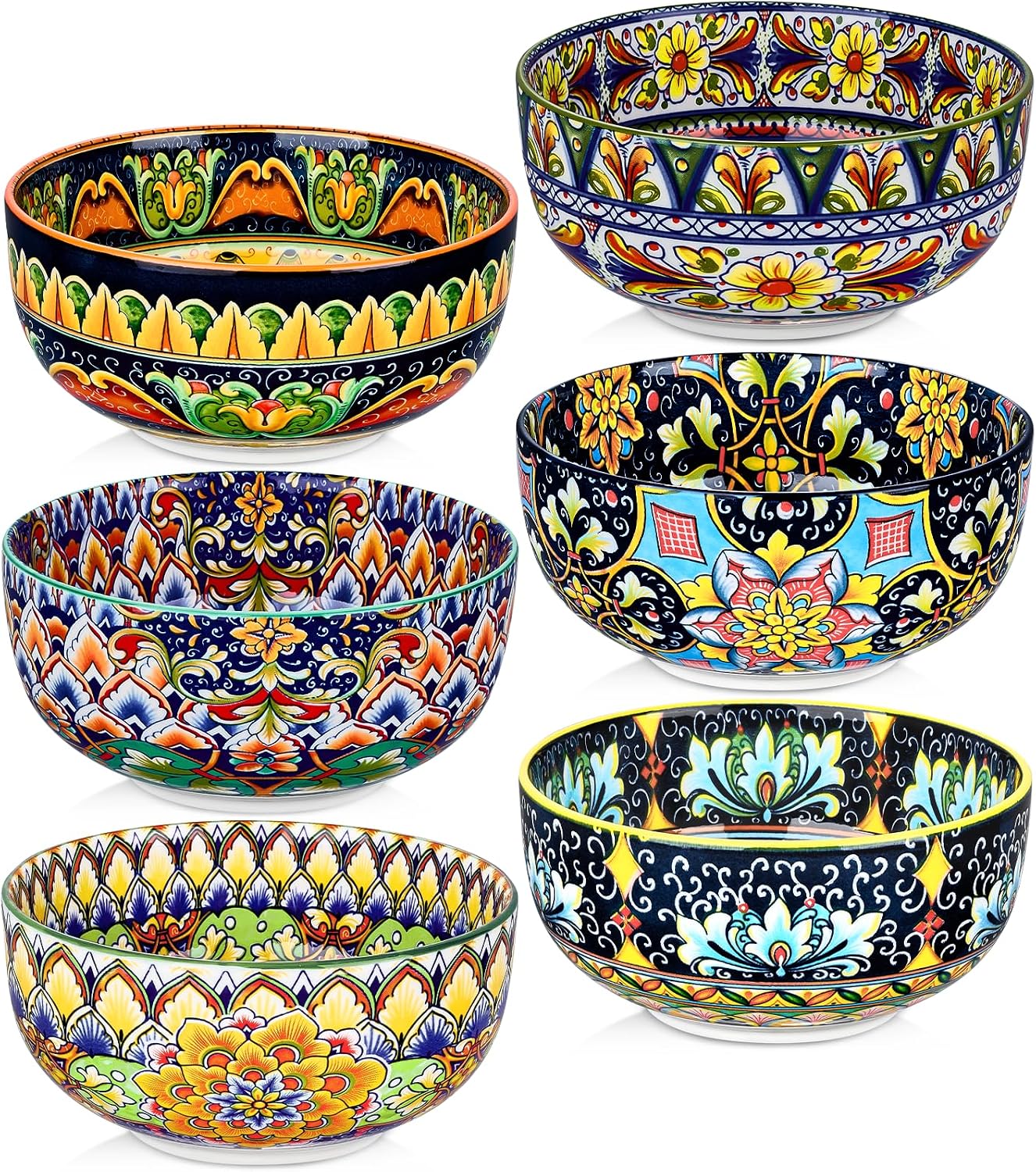 Ceramic Cereal Bowls Set of 6  28 oz Bohemian Soup Bowl  Colorful Bowls Set for Kitchen  Dessert Bowls for Salad  Pasta  Oatmeal  Ramen  Oatmeal  Fruit  Dishwasher & Microwave Safe