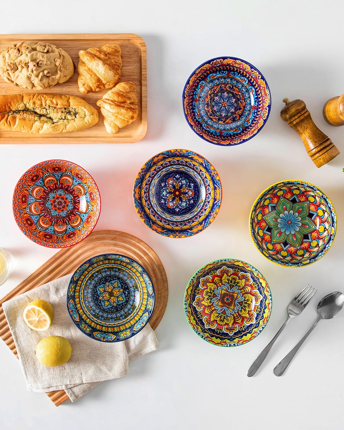 vancasso 26oz Cereal Bowls Set of 6  Boho Ceramic Soup Bowls with Colorful Bohemian Pattern  Microwave & Dishwasher Safe Serving Bowls for Salad  Oatmeal  Pasta  KRVI Series