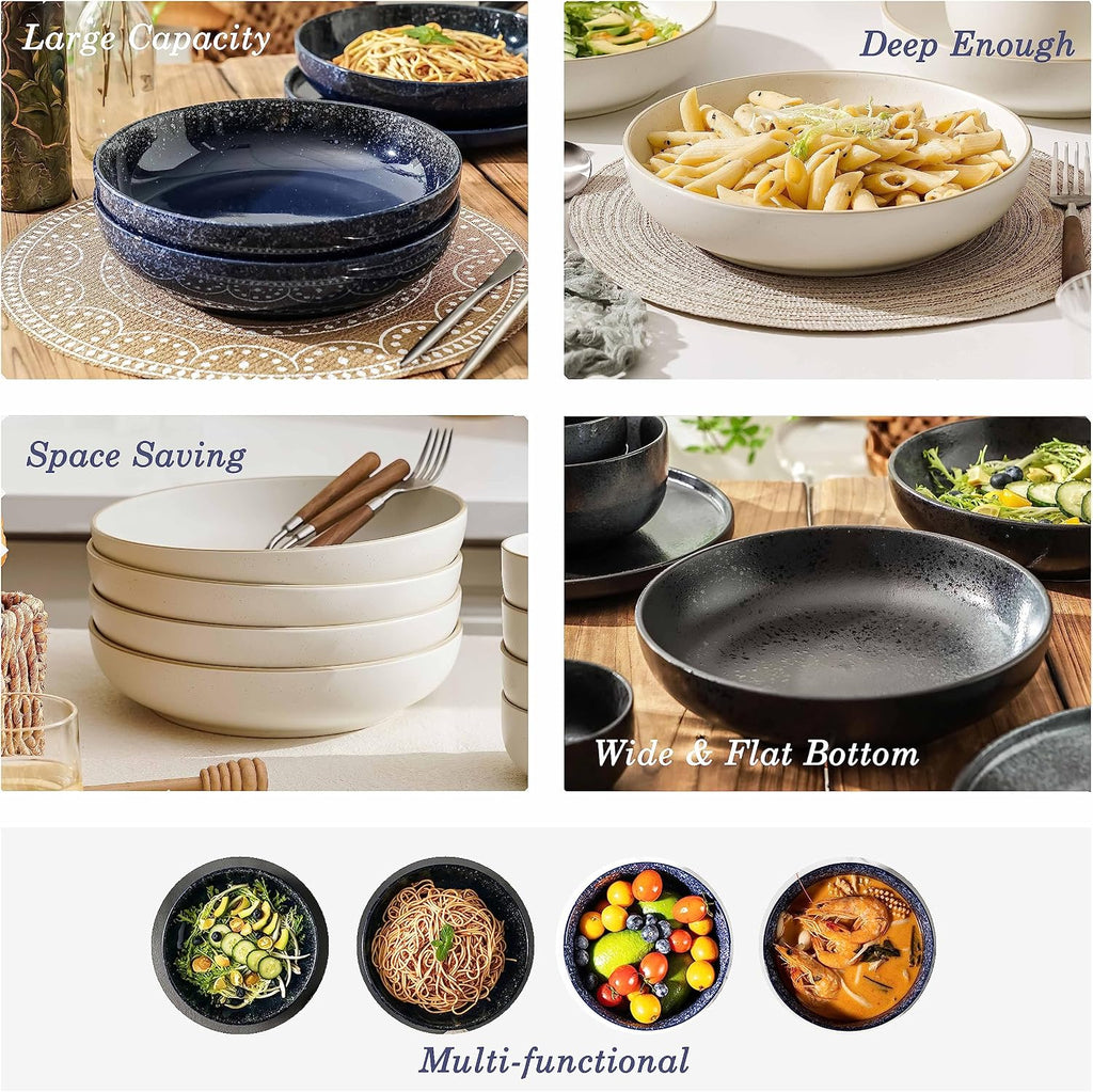 S&Q'S CERAMICS Large Pasta Bowls  65 ounce Large Salad Bowls Set of 4  10'' Ceramic Wide Shallow Bowl Plates  Large Serving Bowls for Fruit  Party Entertaining  Microwave Safe(Black and Grey)