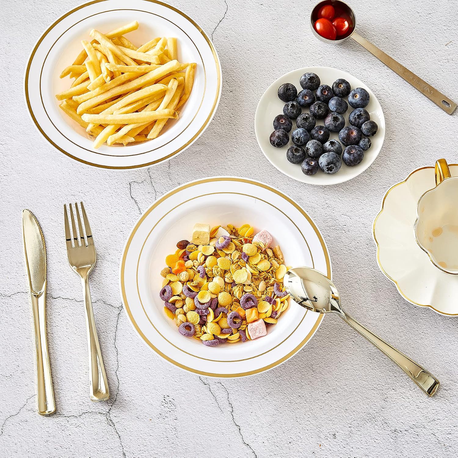 N9R 60PCS Disposable Plastic Bowls with Gold Rim  12 oz Fancy White Plastic Bowls  Premium Dessert Salad Bowls Perfect for Party  Wedding and Everyday Use